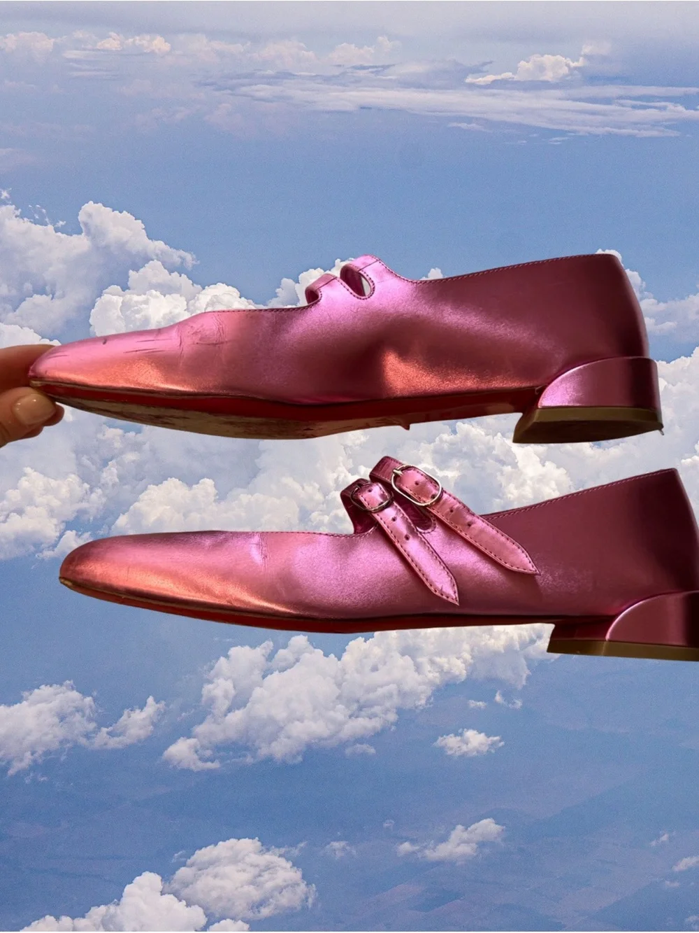 Christian Louboutin Metallic Rose Pink Double-Strap Mary Jane Flats